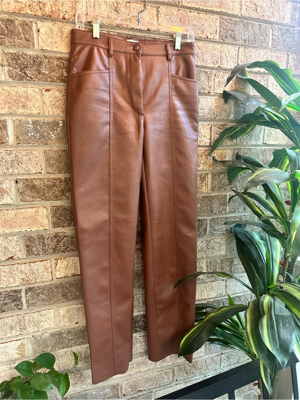 Wilfred Aritzia High-Waist Brown Faux Leather Straight-Leg Pants